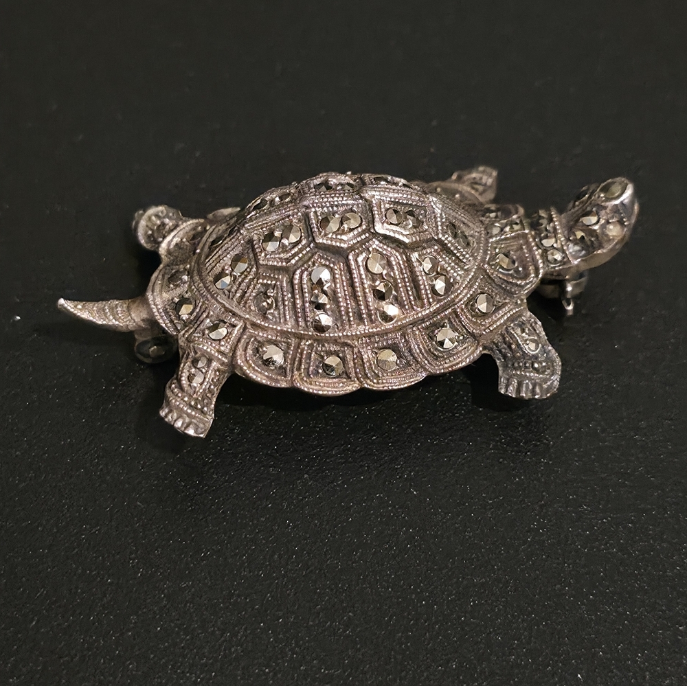 Vintage 835 Silver Marcasite Turtle Brooch Pin - Picture 4 of 7
